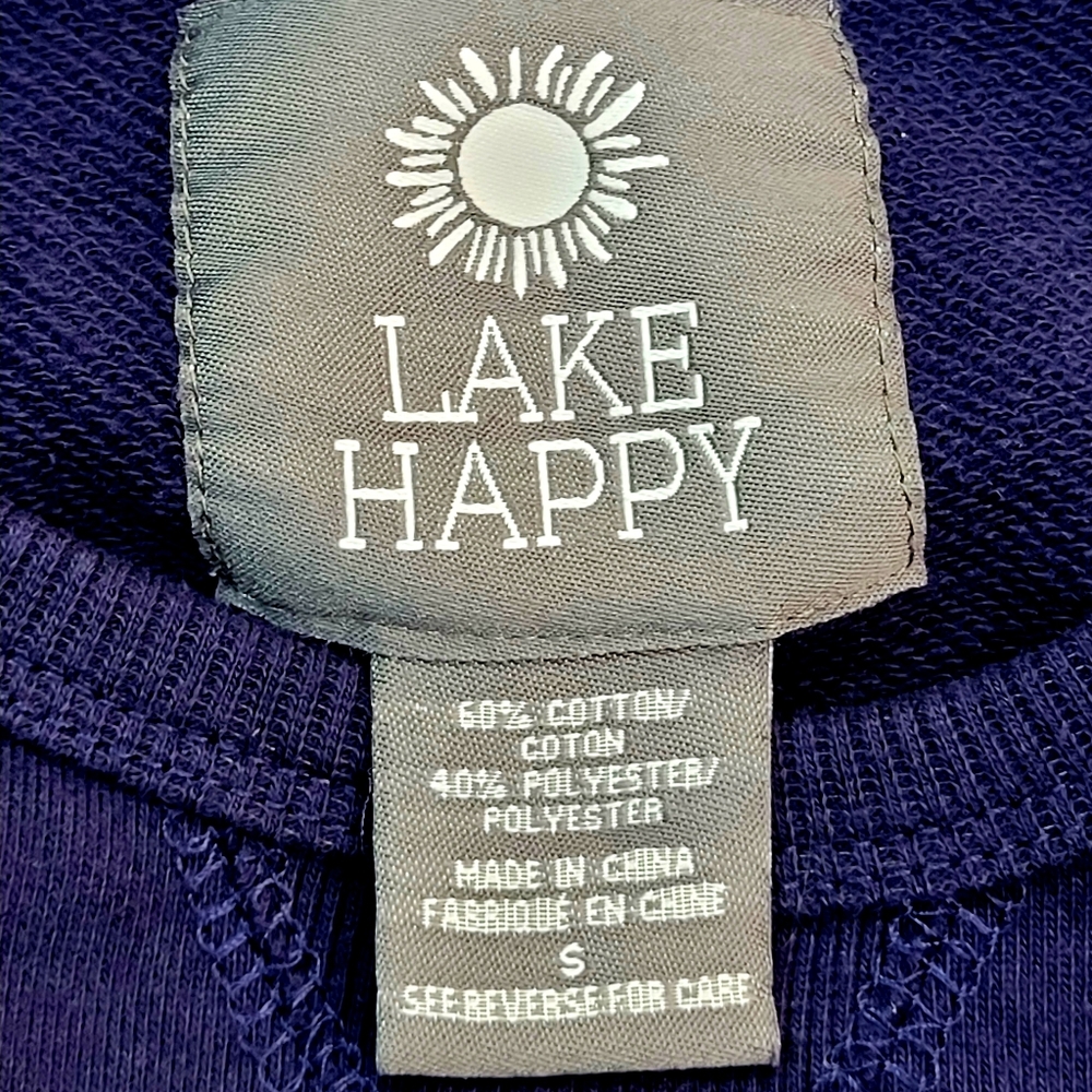 LAKE HAPPY Navy Blue Crewneck Sweatshirt Green Chenille Lettering SMALL - Picture 5 of 9